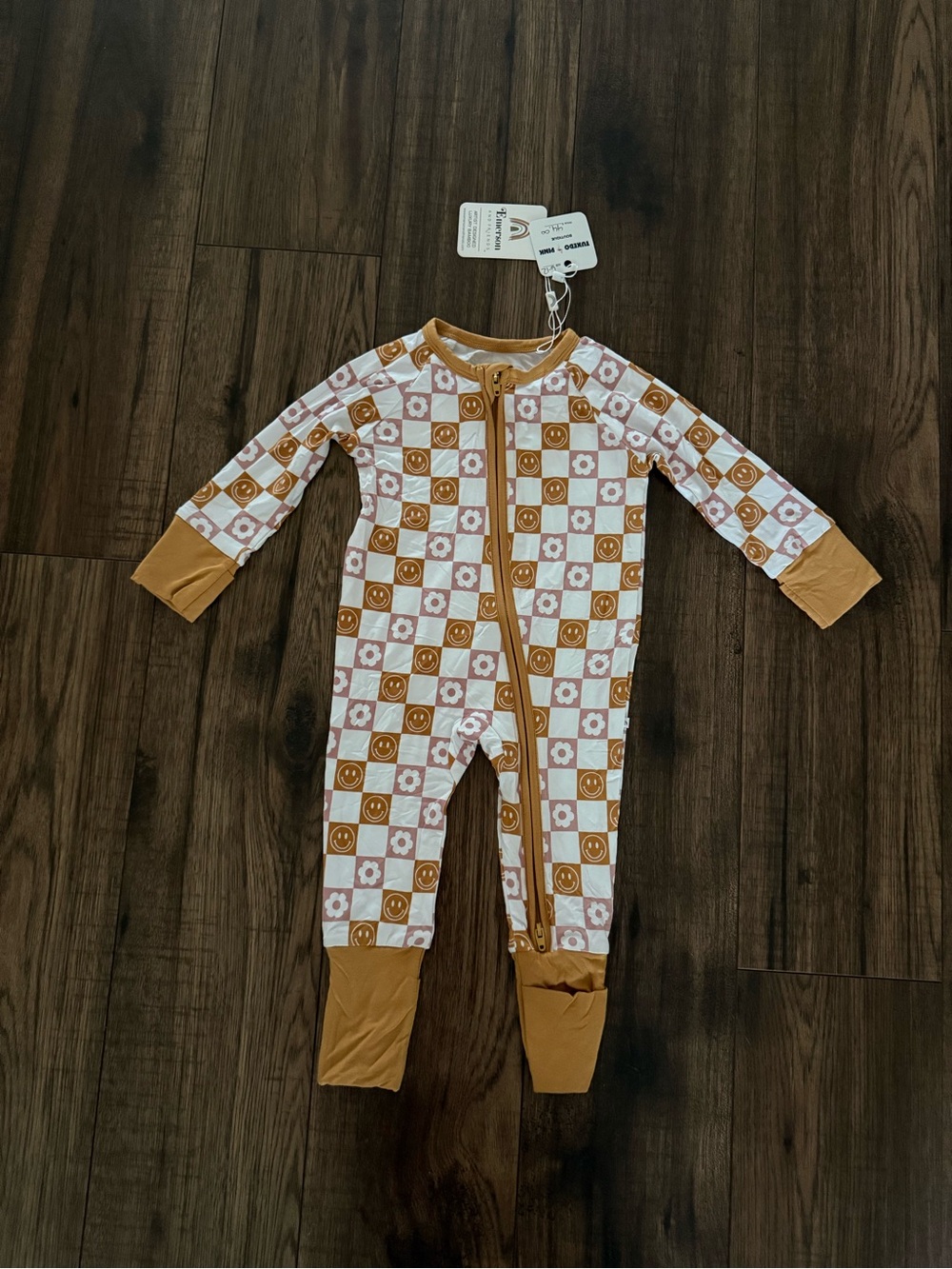 Checker Smiley Footed One-Piece in Mustard White